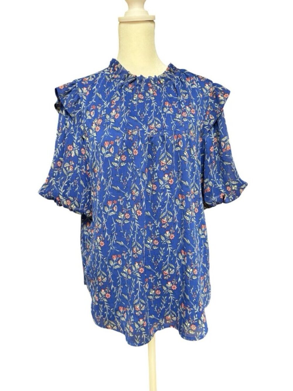 LOFT Floral Ruffle Neck Blouse Blue Long Sleeve Size Large